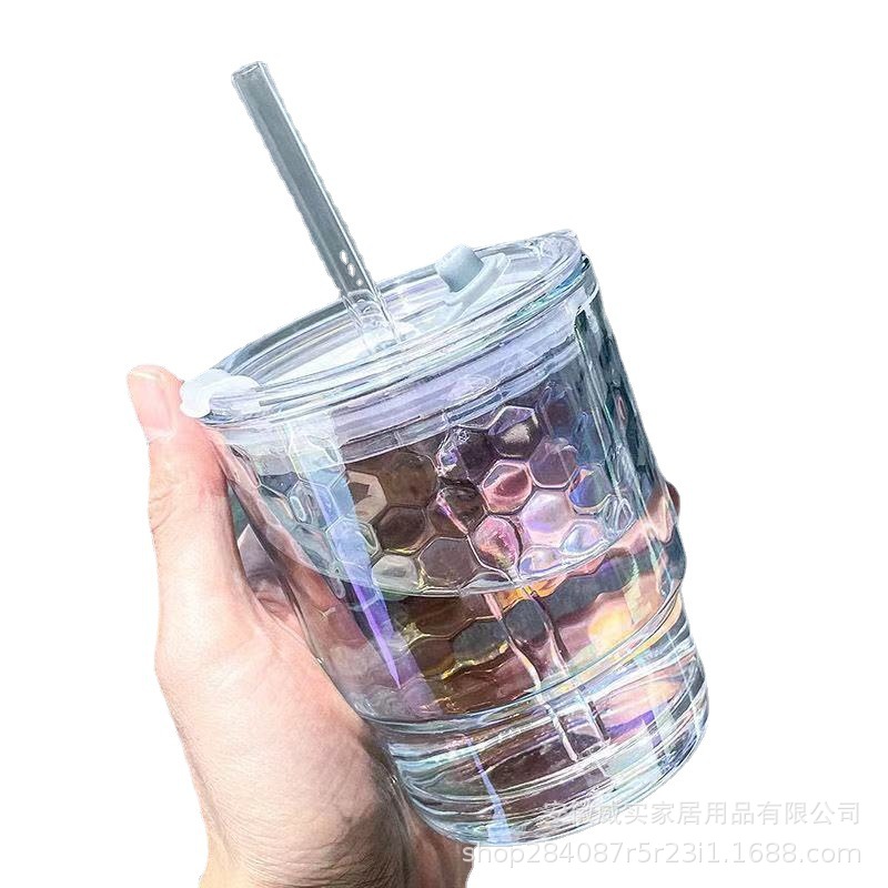 South Korea Ins Style Colorful Glass Girl Heart Glass Straw Cup Internet Celebrity Bamboo Glass Glass Glass Cup