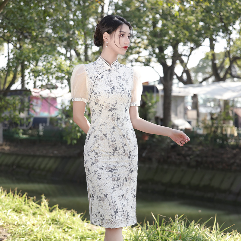 夏季新款蕾丝旗袍双层中长款旗袍连衣裙年轻款素雅公主泡泡袖旗袍
