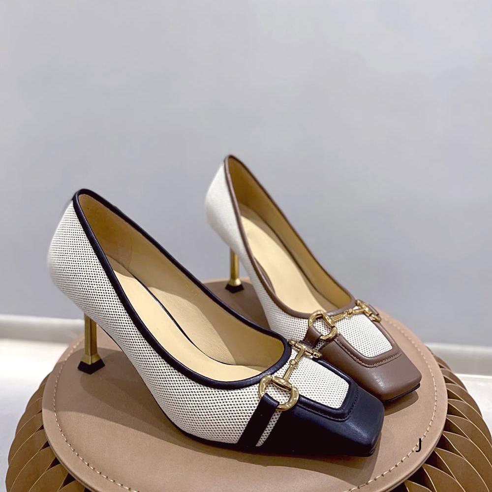 欧洲站女鞋22秋冬时尚胎牛皮拼布方头浅口金属扣气质款细高跟单鞋