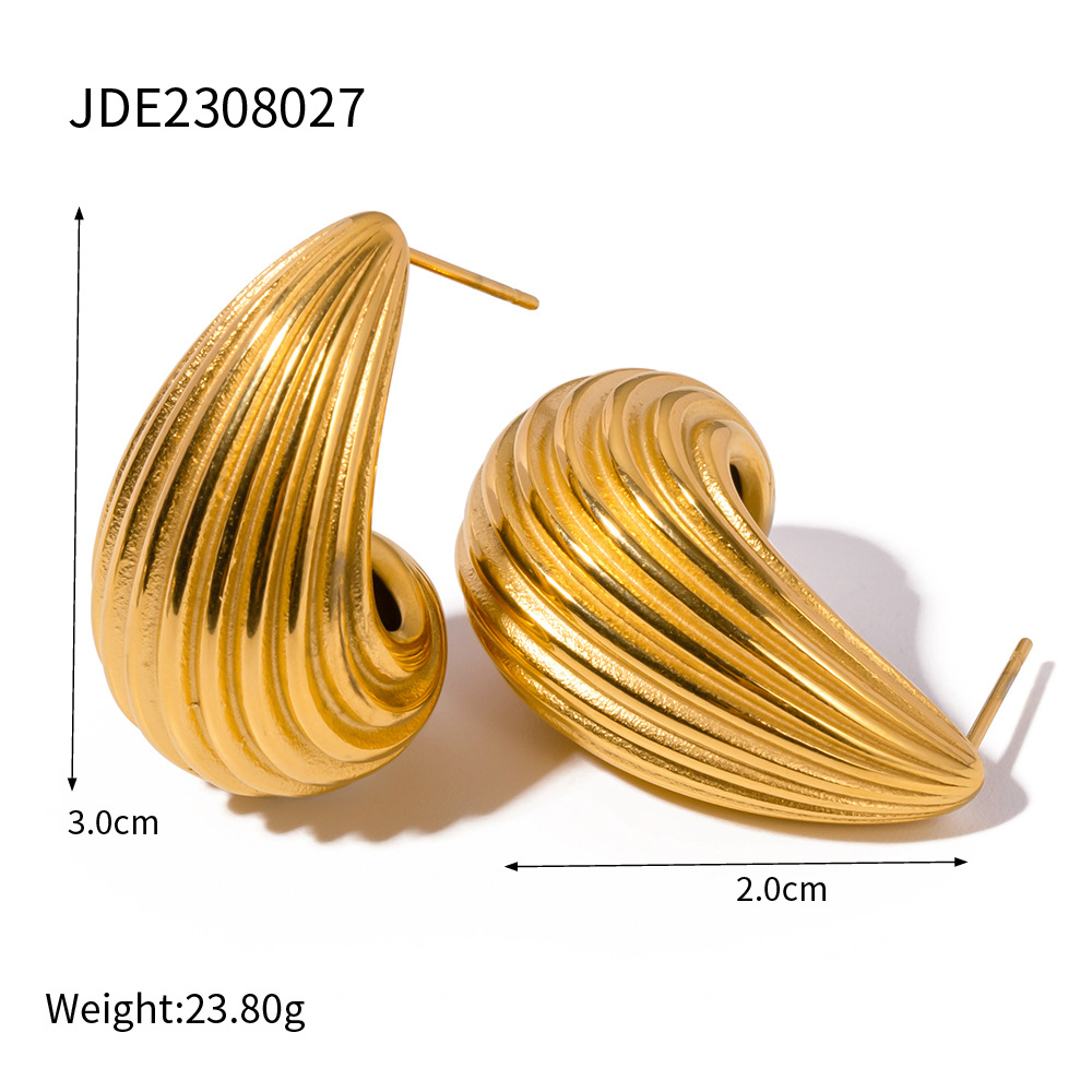 Advanced Design Sense 18K Gold Chubby Striped Water Drop Titanium Steel Earrings Ins Female All-Match Fashion Earrings Wholesale