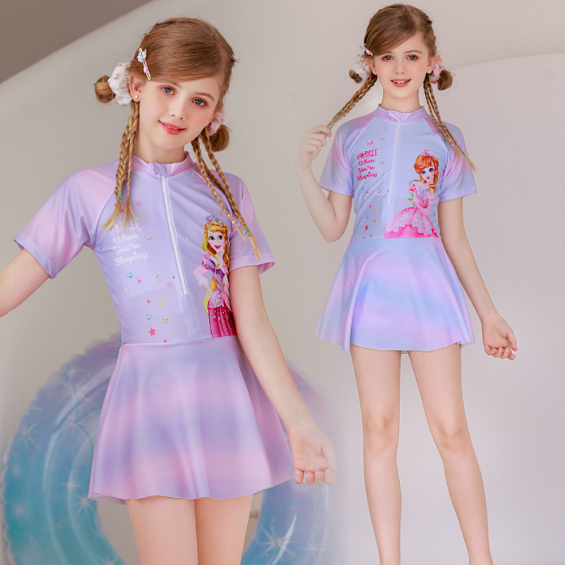 新款卡通儿童泳衣印花5-11岁女童泳装连体韩版中大童速干训练泳装