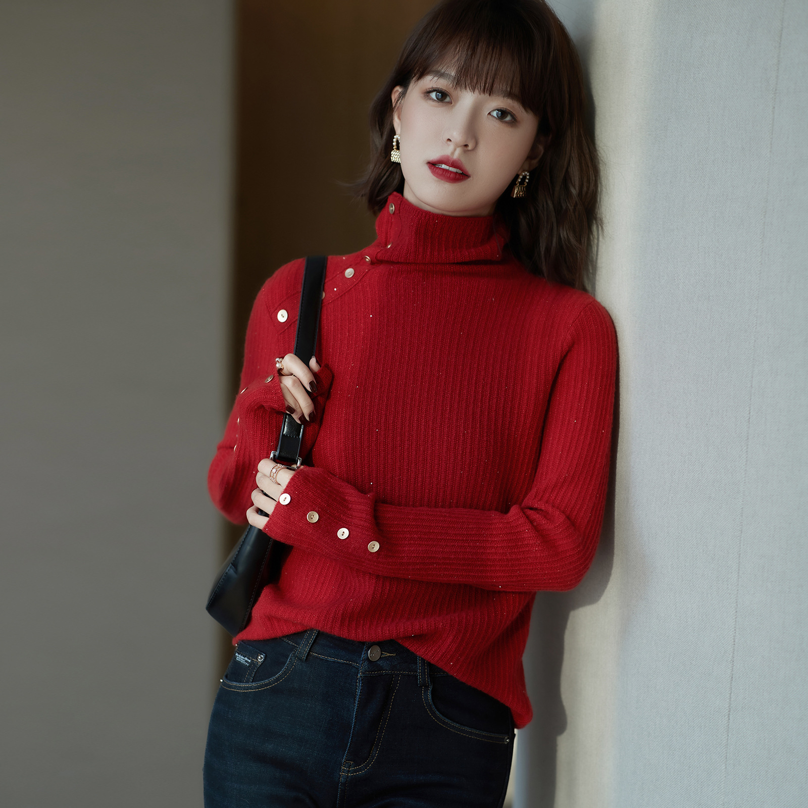 2022冬季新款纯羊毛高领保暖气质显瘦百搭大红色毛衣女-阿里巴巴