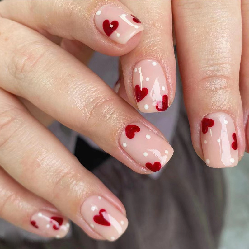 义乌美甲跨境美甲红色爱心波点ins小清新假指甲批发press on nail