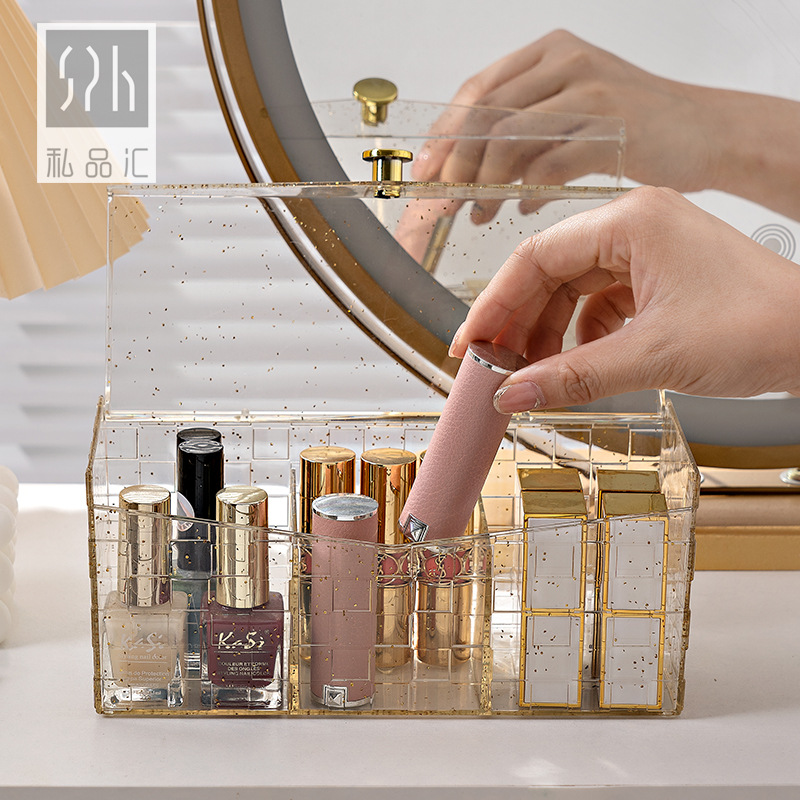 Manufacturers Directly Supply Transparent Cosmetics Storage Box Light Luxury Desktop Gold Powder Cotton Box High-End Lipstick Storage Storage Box