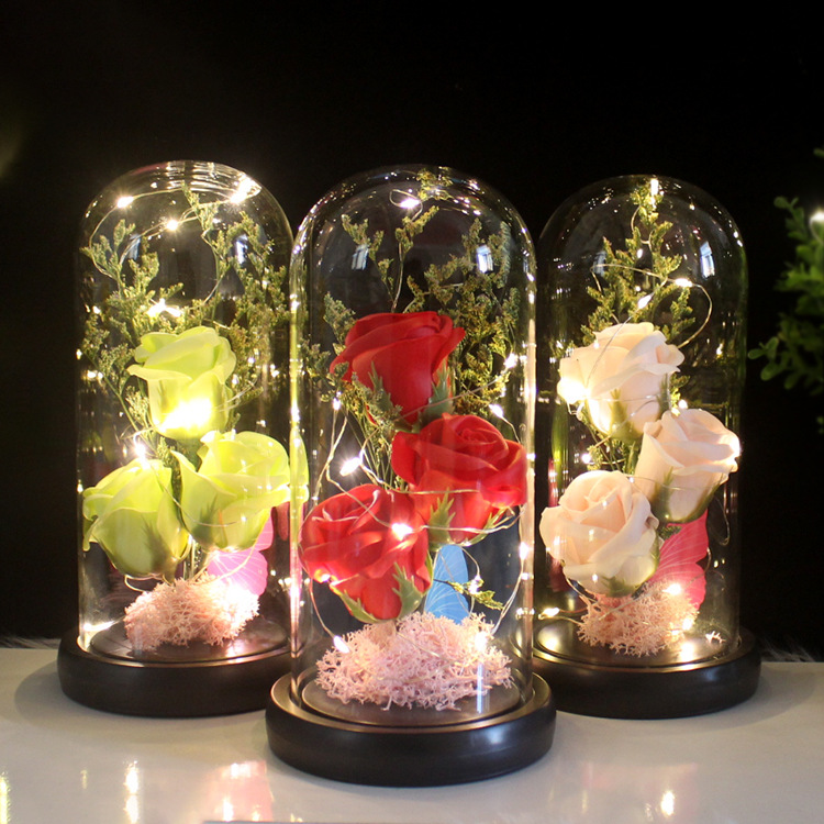 Cross-Border New LED Light Soap Flower Luminous Rose Glass Cover Gift Box Valentine's Day Christmas Gift for Girlfriend