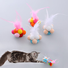 猫咪玩具彩色弹力球创意羽毛铃铛球毛绒猫咪自嗨玩具宠物用品工厂