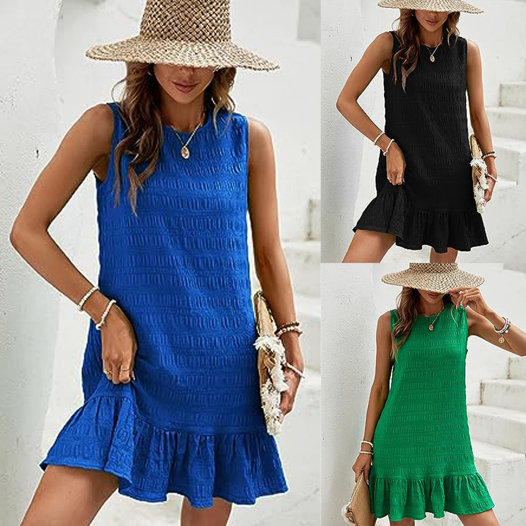 新款2023年跨境外贸欧美 女式荷叶边下摆直筒背心迷你连衣裙-阿里巴巴