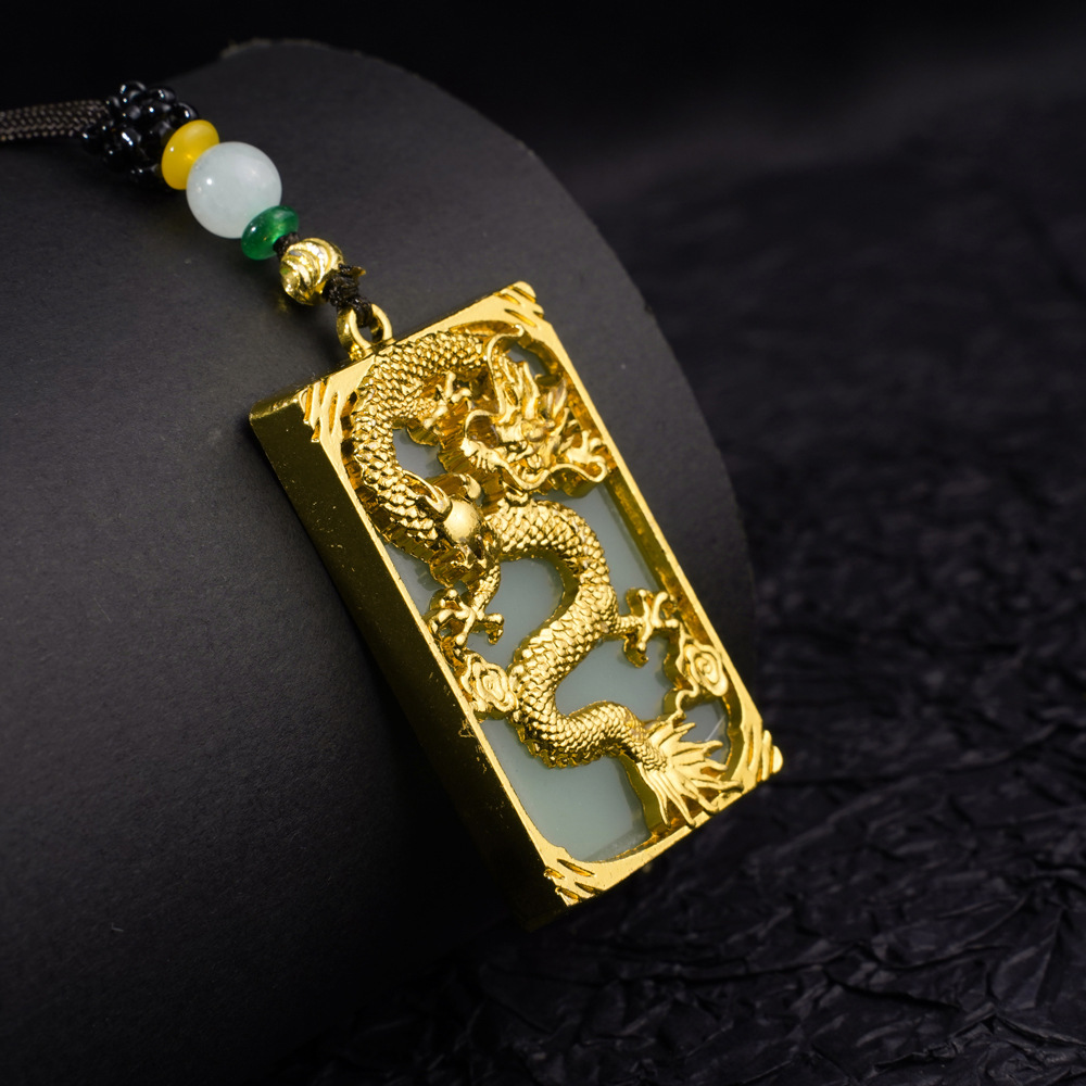 男士中国风方牌挂件龙牌镀金项链本命年生肖父亲节礼物吊坠项链