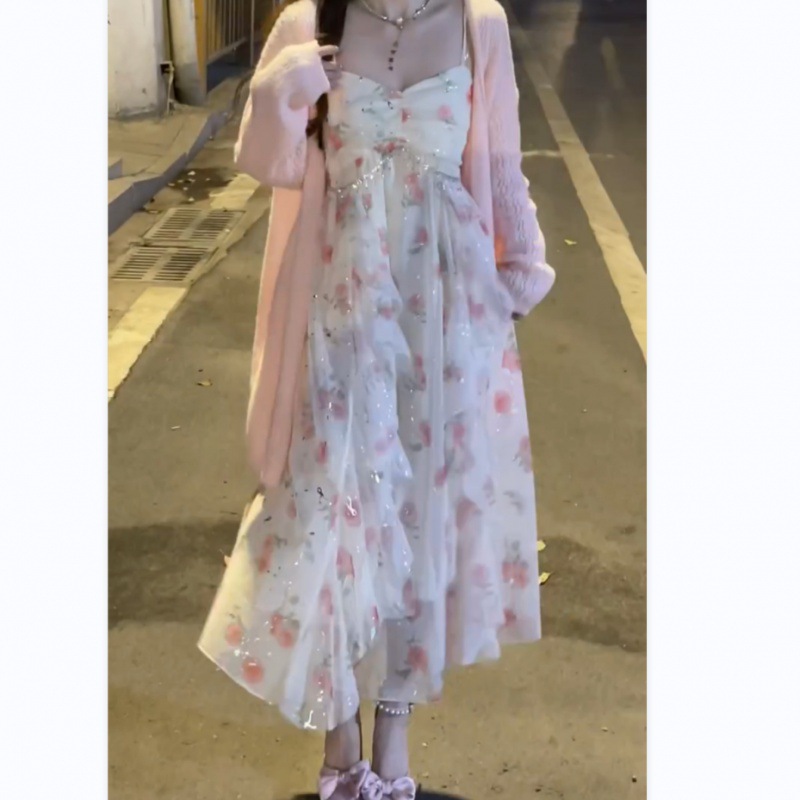 甜美少女粉色碎花荷叶边吊带连衣裙春夏仙女裙女粉色针织开衫套芸