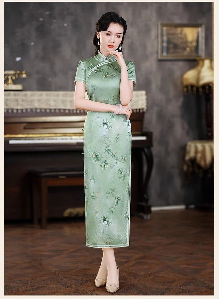 正品真丝桑蚕丝旗袍裙长款复古洋气年轻气质高贵典雅日常修身款夏