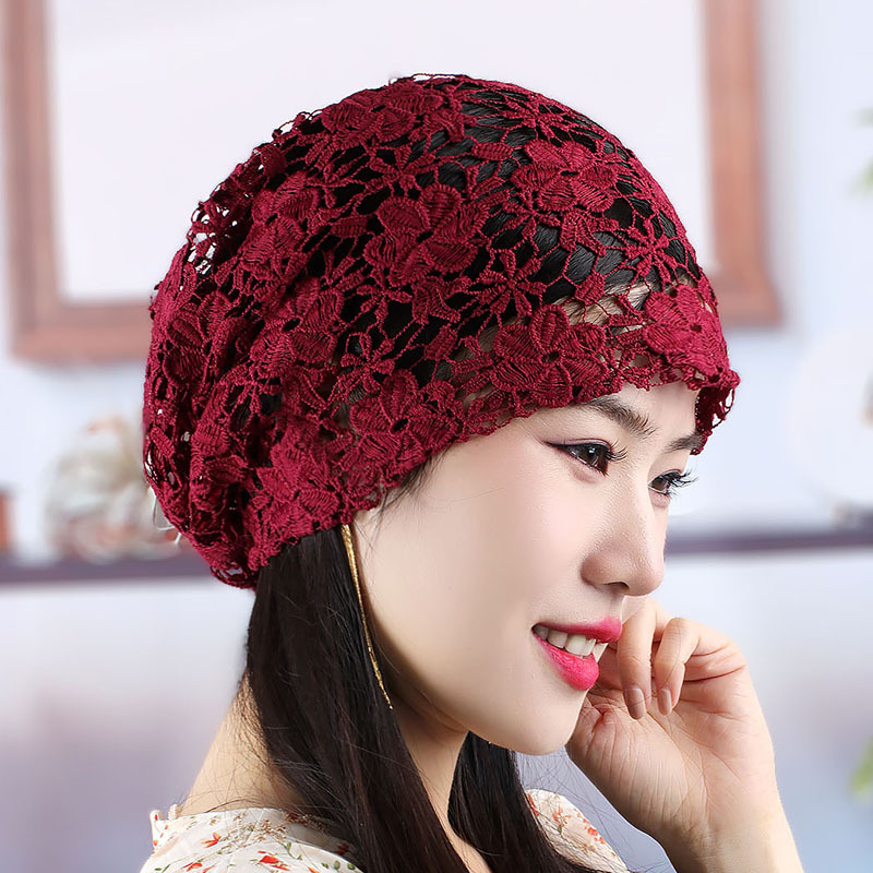 夏季镂空亲肤花朵头巾帽钩花网眼透气包头帽时装帽遮白发帽女帽薄