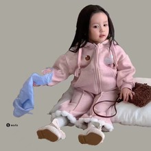韩国童装2023深秋冬季新款宝宝休闲加绒外套女童洋气毛球裤子套装