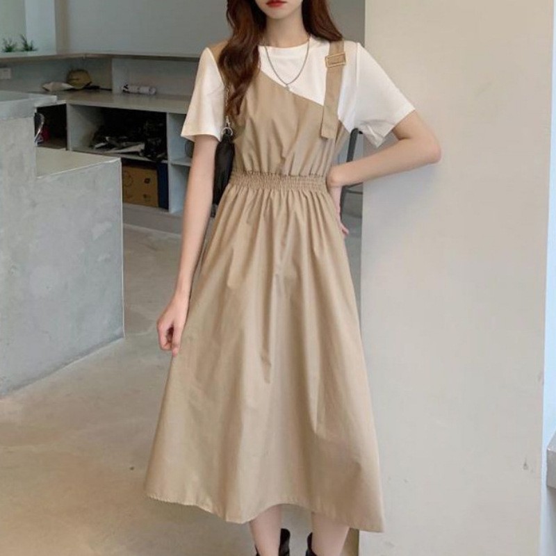 2024夏季新款假两件连衣裙设计感温柔风收腰显瘦小个子长裙子女装