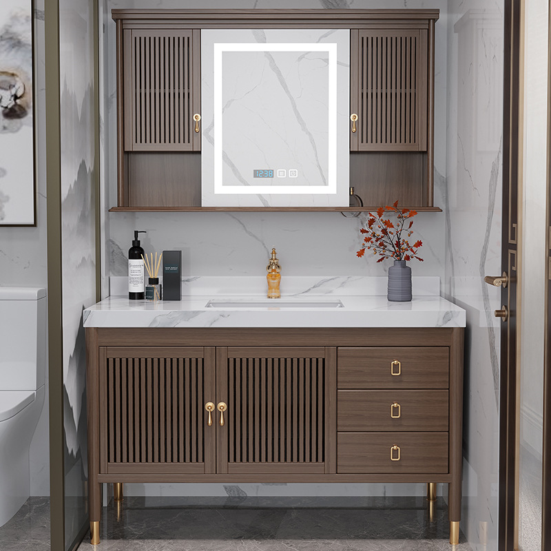 新中式浴室柜组合实木洗手盆卫生间岩板橡木洗漱台智能洗脸盆卫浴