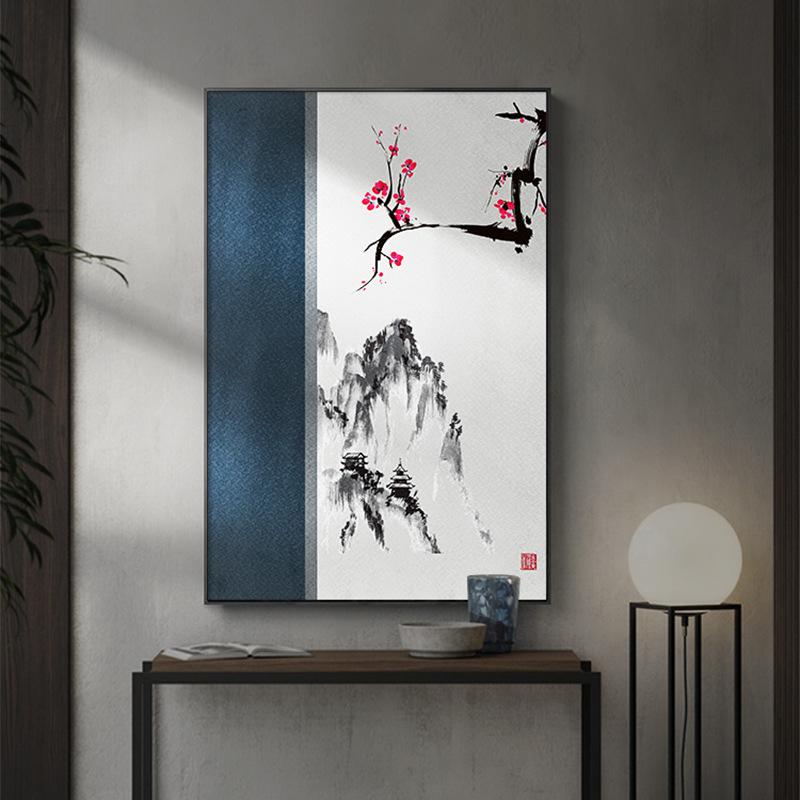 竹报平安挂画新中式入门圆形玄关装饰画茶室背景墙竹子禅意水墨画