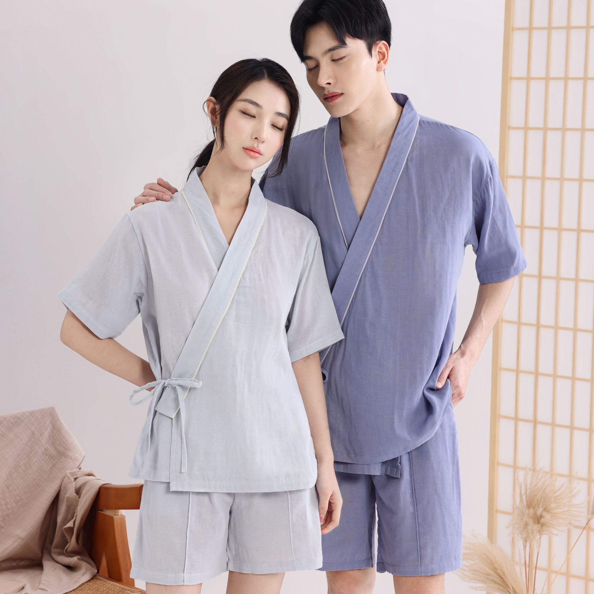 睡衣情侣短袖短裤汉服柔棉汗蒸浴服国风薄款夏男女家居服两件套装
