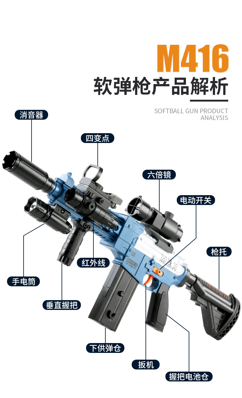 电动连发m416软弹枪可发射下供玩具枪男孩吃鸡装备满配冲锋枪模型