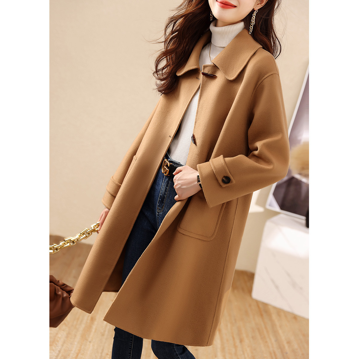 2024秋冬新款气质翻领中长款大衣通勤大气简约百搭洋气呢子大衣女