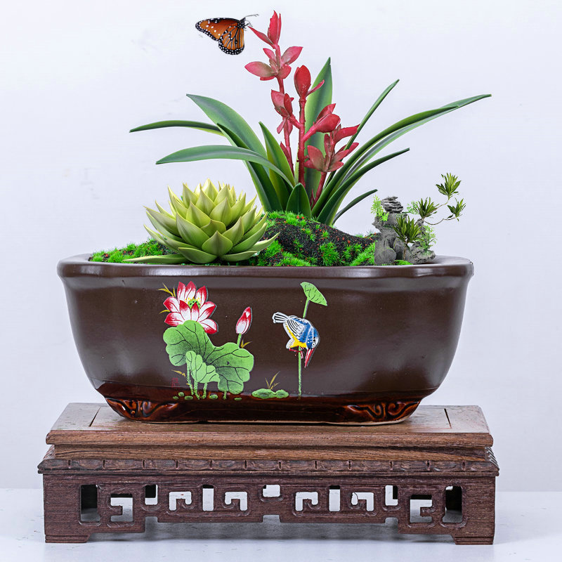 风仿紫砂盆景盆简约桌面长形绿植多肉粗陶花盆陶瓷兰花盆专用