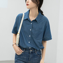 实拍法式短袖牛仔衬衫女夏季新款蓝色衬衣设计感休闲宽松上衣