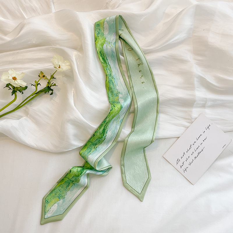 Spring and Summer All-Match Green Elegant Silk Scarf Small Strip Female Hair Band Tied Bag Decorative Ribbon Scarf with Shirt