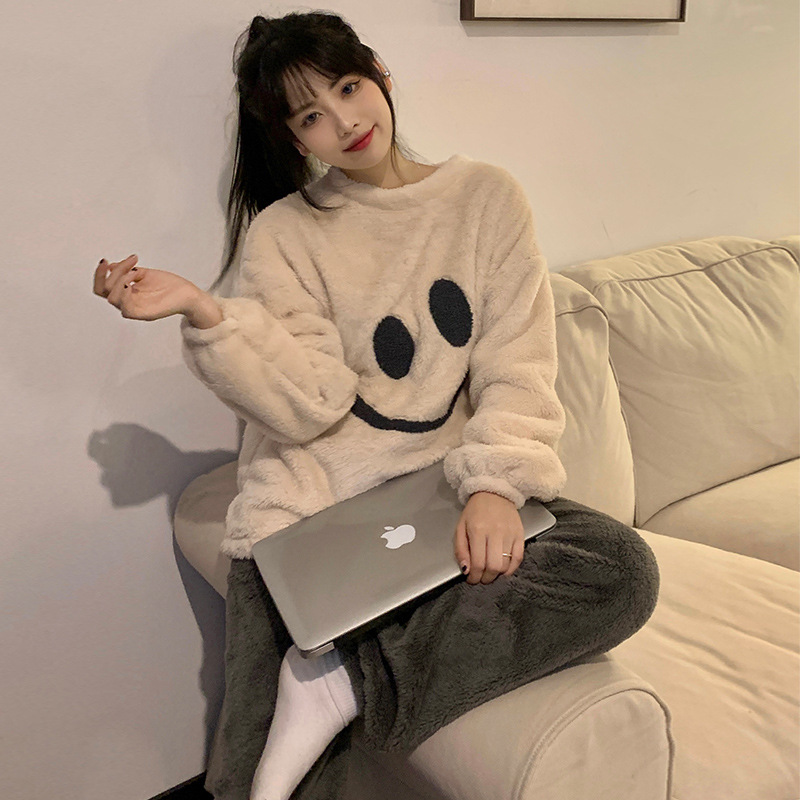 Women's Flannel Pajamas Autumn and Winter Long Sleeves Thick Warm Korean Cartoon Loose Casual Two-Piece Suit Homewear