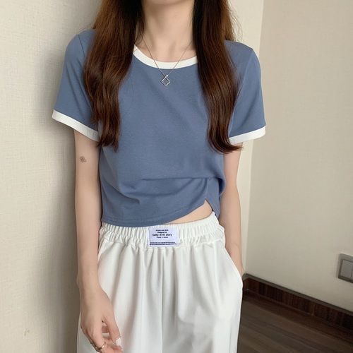 Contrast Color round Neck Short-Sleeved T-shirt for Women 2023 New Summer Bottoming Shirt Korean Style Slim-Fitting Short Student Top Fashion