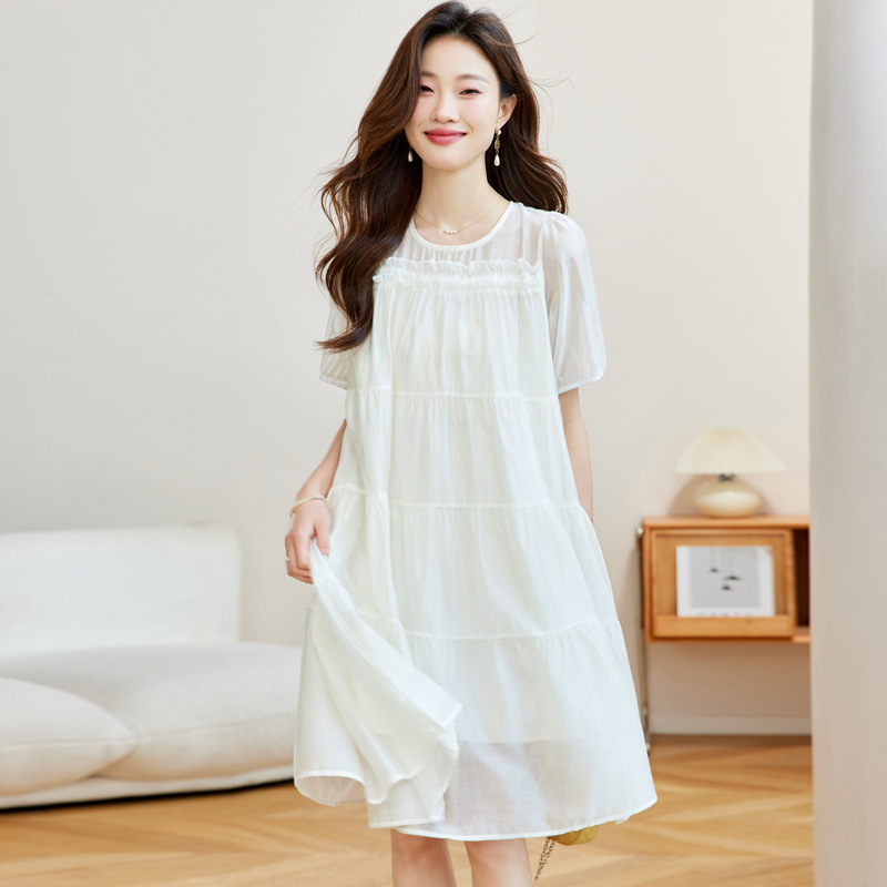 雪纺连衣裙女夏季2024新款宽松遮肚子短袖白色气质a字中长裙-阿里巴巴