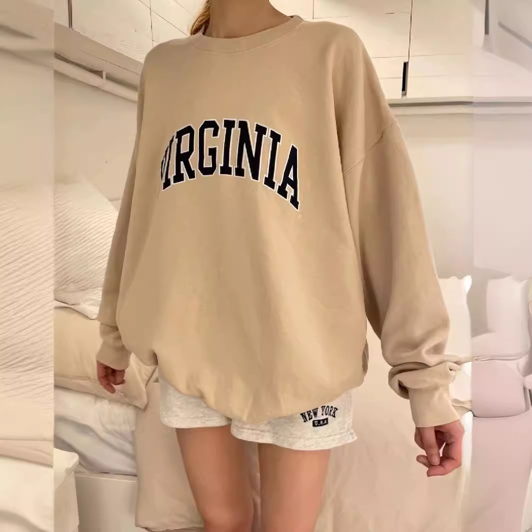 bm风秋季新款virginia字母米色圆领套头卫衣bm宽松慵懒风外套上衣
