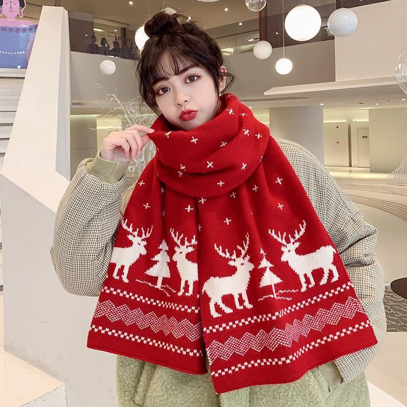 Christmas Gift Scarf Women's Autumn and Winter Knitted Thickened Warm Double-Sided Scarf Red Couple Korean Style Long Scarf