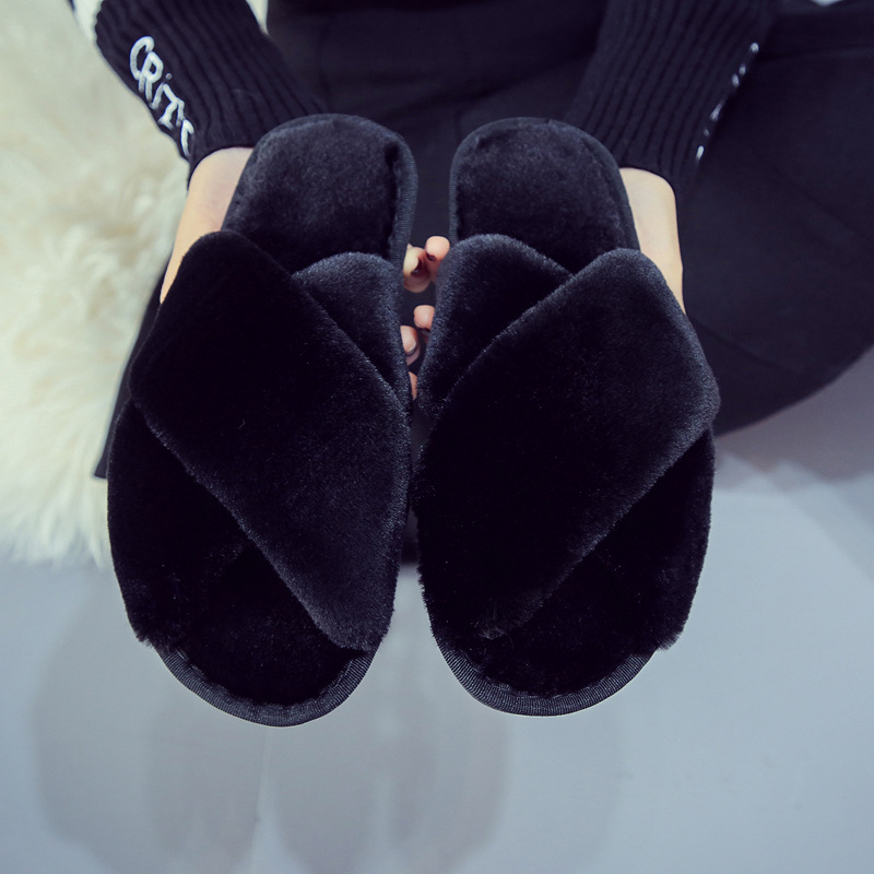 Cross Fluffy Slippers Women's Winter Foreign Trade Amazon 43 plus Size Home Plush Open Toe Warm Sewing Cotton Slippers Wholesale