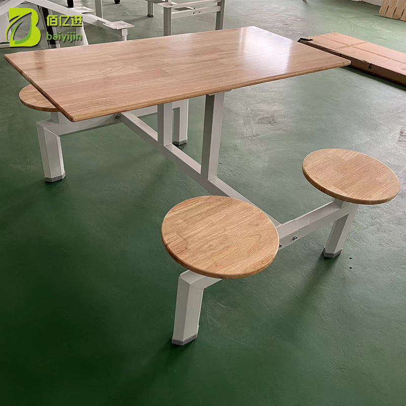 厂家批发食堂餐桌椅 学校职工餐厅连体木质圆凳面食堂餐桌椅