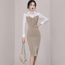外贸女装2024春季新款韩版气质衬衫领拼接修身中长款时尚包臀连衣