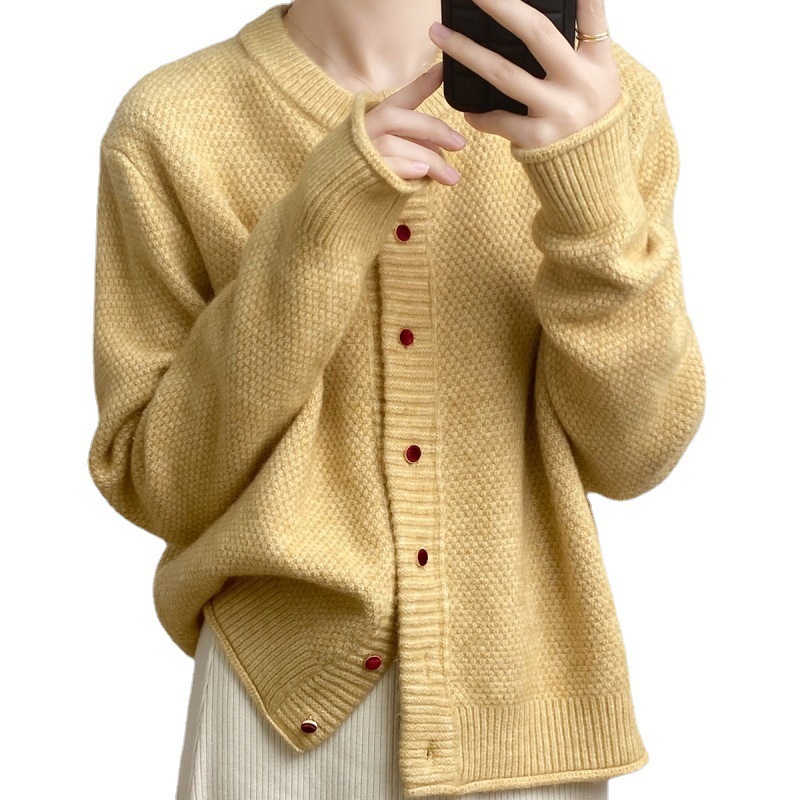 Women's Cardigan Sweater Korean Style Autumn and Winter New Simple Long Sleeve Lazy round Neck Single-Breasted Knitted Loose Coat Top