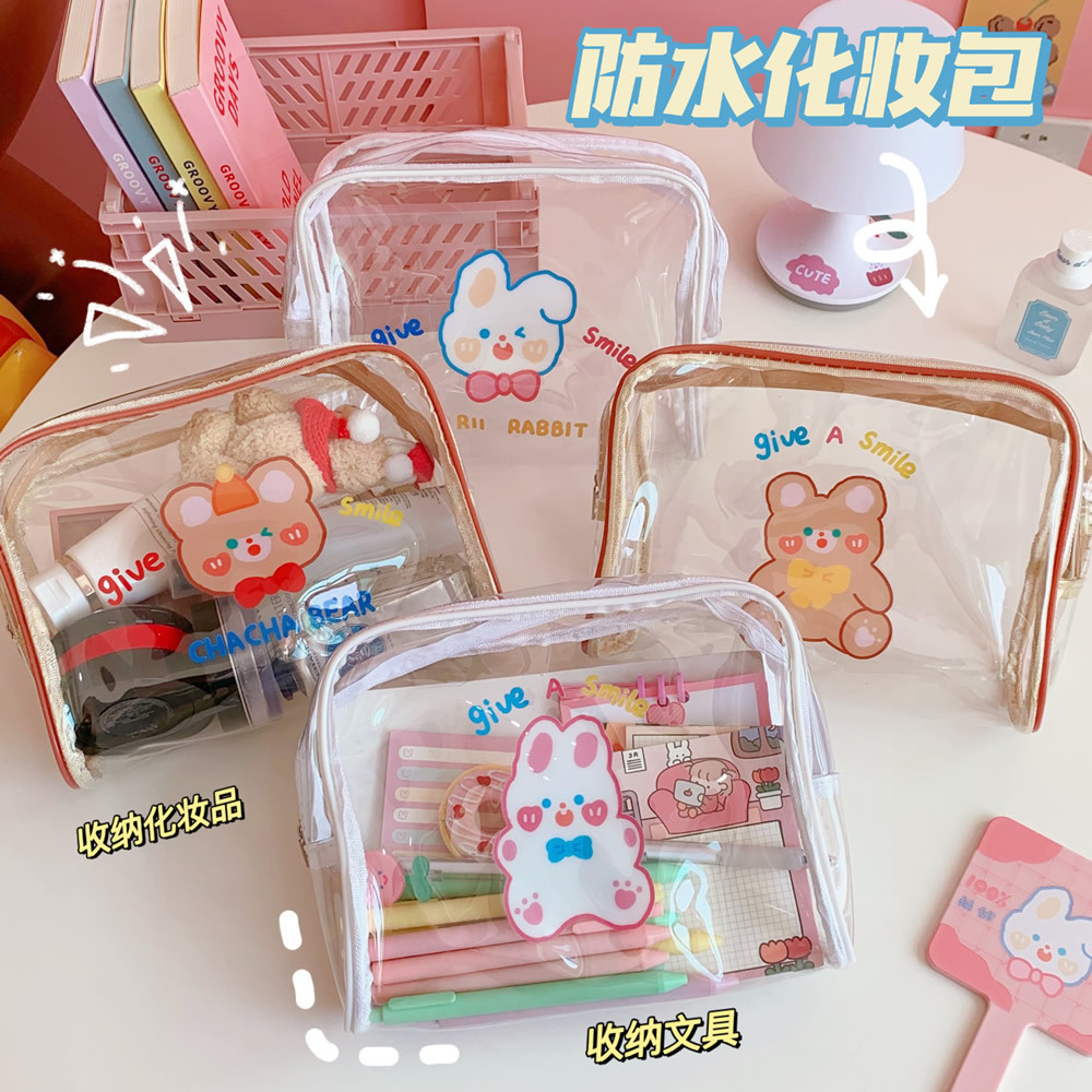 Original Cute Cha Cha Bear Large Capacity Transparent Travel Cosmetic Bag Portable Korean Simple Waterproof Storage Wash Bag