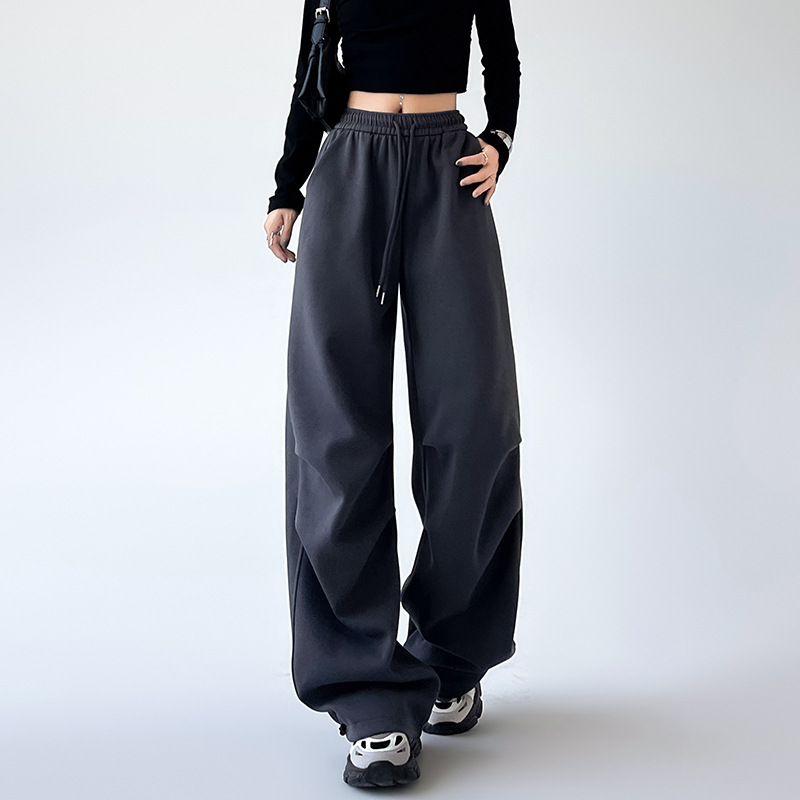 Gray Wide-Leg Pants Women's Autumn High Waist Draping Chinese Cotton Parachute Overalls Casual Slimming American Sports Pants