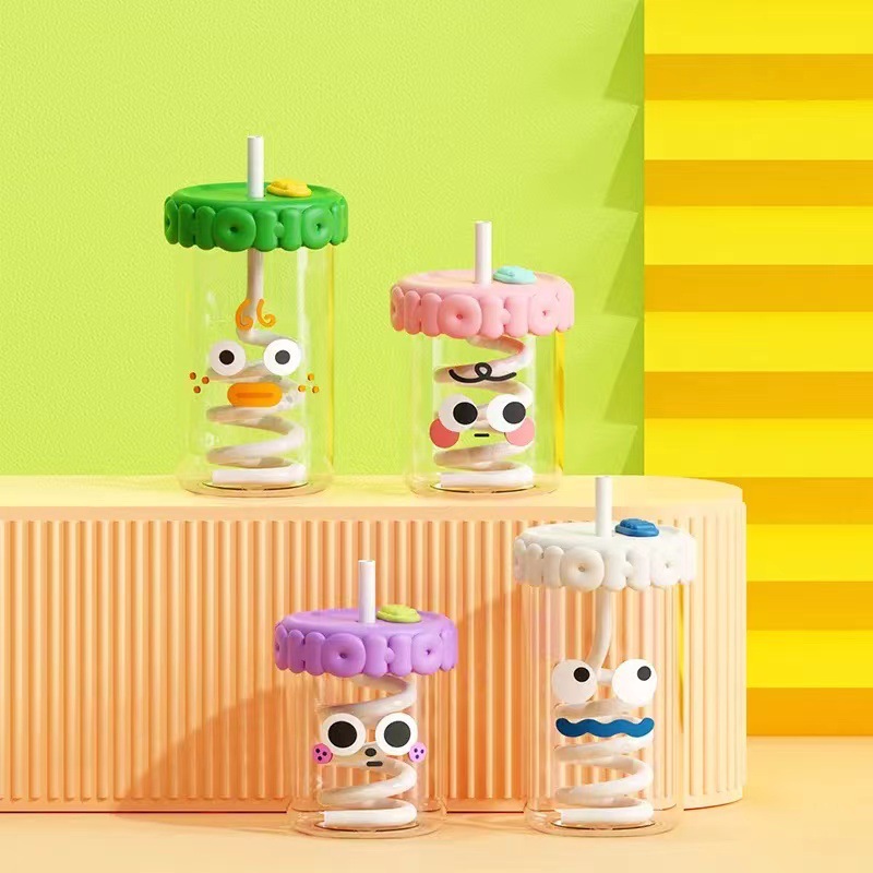 Glass Creative Straw Cup Girls Office Water Glass with Lid Milk Tea and Coffee Cups Large Capacity Drinking and Milk Glass