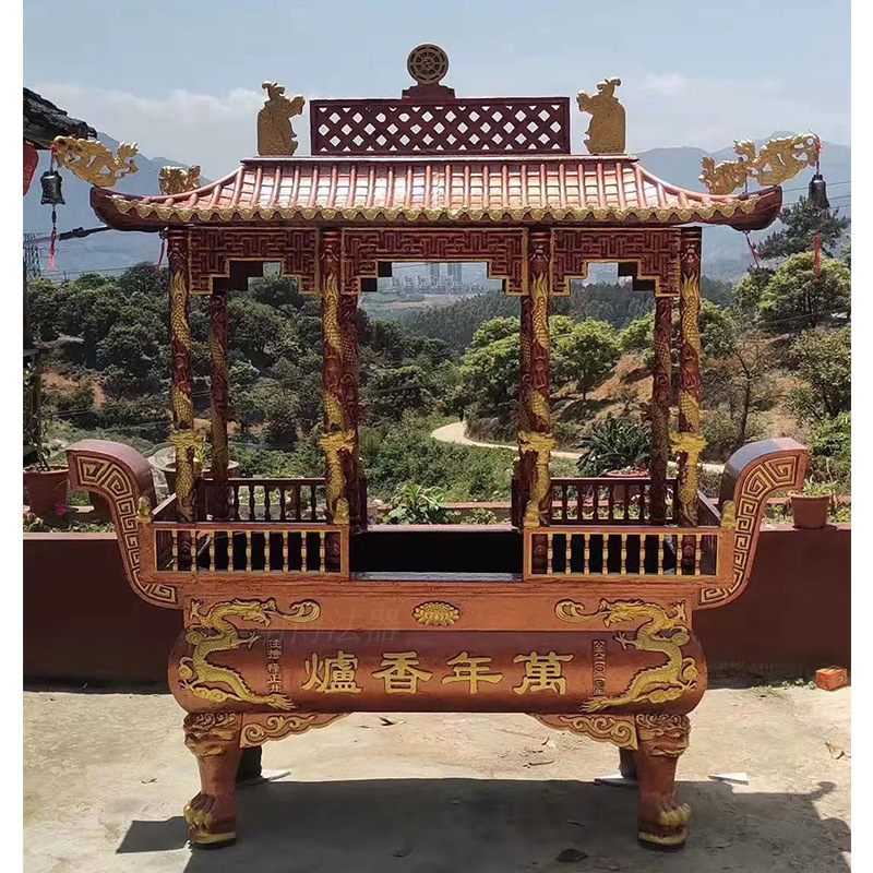 厂家批发定制寺庙道观景区宗祠彩绘双龙耳八龙柱铸铁带顶带盖香炉