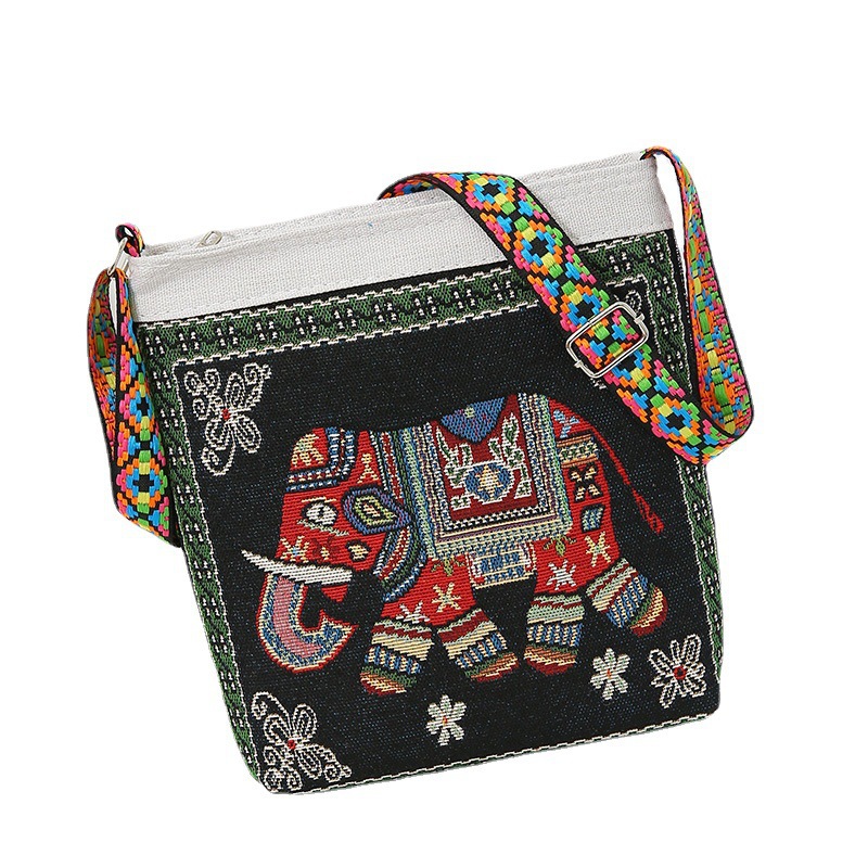 Women's Embroidered Gold Thread Small Shoulder Bag Canvas Ethnic Style Embroidered Cute Elephant Shopping Lady One Shoulder Phone Bag