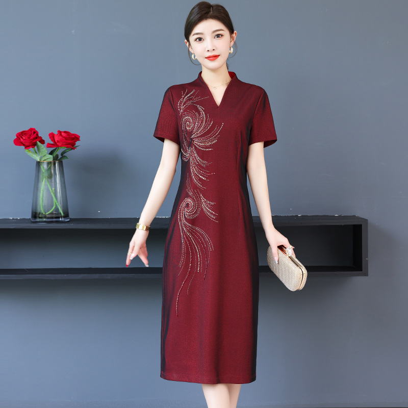 喜婆婆礼服夏装喜庆高档婚礼服洋气婚宴妈妈结婚宴会短袖连衣裙