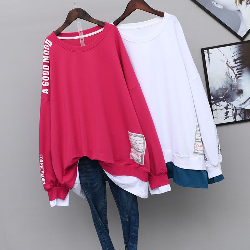 Plus Size 1.00 Kg-150.00 kg Long Sleeve False Two-Piece Sweaters Female 2022 Spring and Autumn Mid-Length Korean Style Loose Top Coat