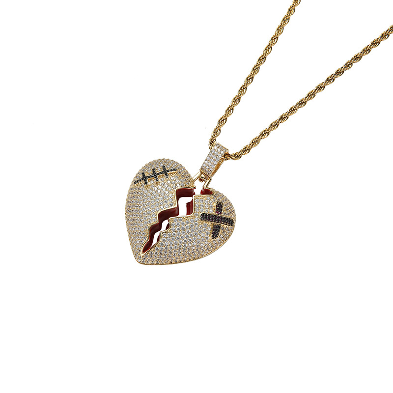 broken heart破碎的心吊坠 心碎项链嘻哈欧美男士满钻不规则项链