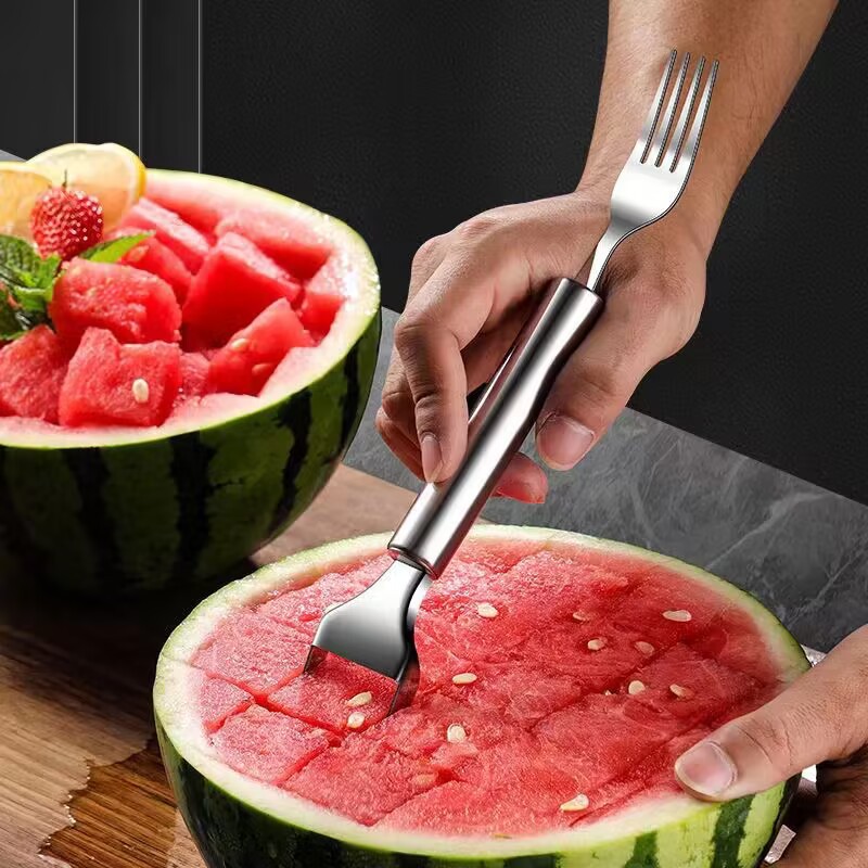 Stainless Steel New Watermelon Cutting Artifact Fruit Splitter Watermelon Dicing Device Pulp Digging Device Double-Headed Fruit Fork