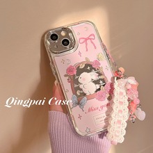 ins风少女花朵兔子镜面适用iPhone14pro max苹果15手机壳13挂链12