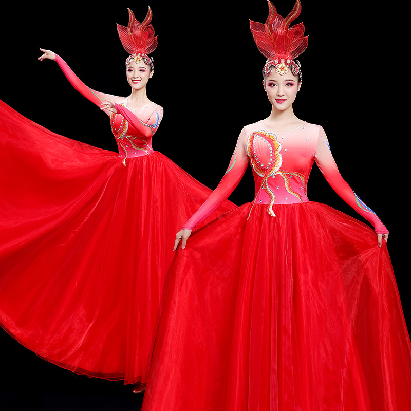 红色开场舞大摆裙演出服盛世花开大型演出万疆舞舞蹈服装厂家批发