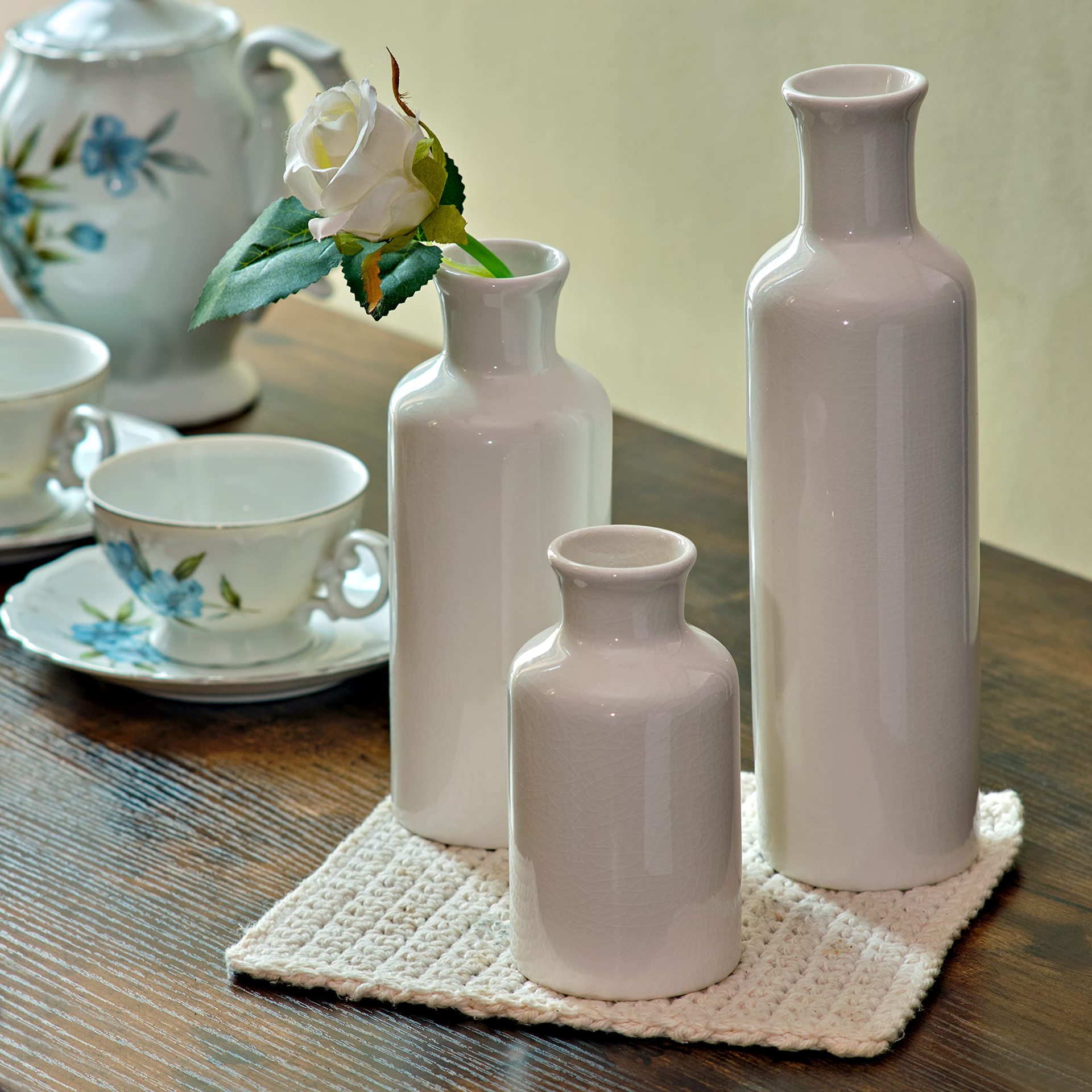 Amazon Simple European Ceramic Vase Home Decoration White Decorative Crafts Vase Three-Piece Set