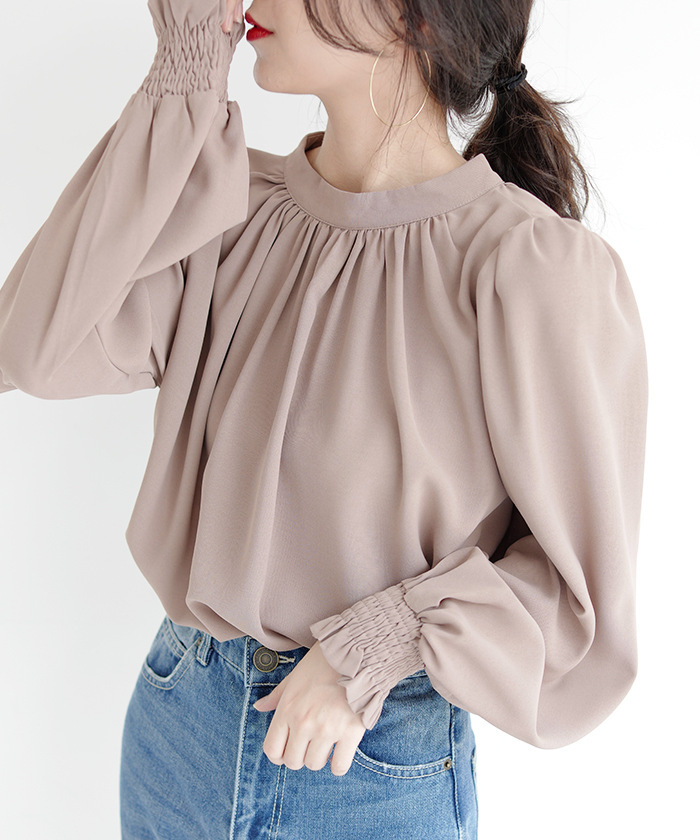 韩版ins气质名媛风小立领复古灯笼袖长袖衬衫2021春秋款上衣女潮