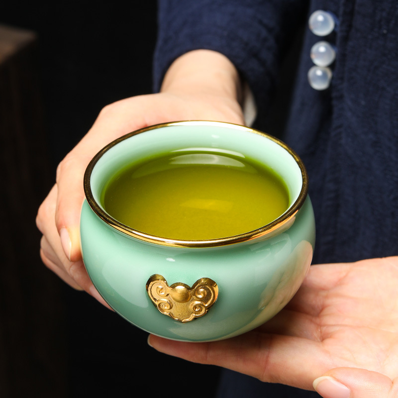 茶杯24k金鎏金主人杯陶瓷杯纯手工金盏单杯品茗杯鎏金建盏杯茶盏