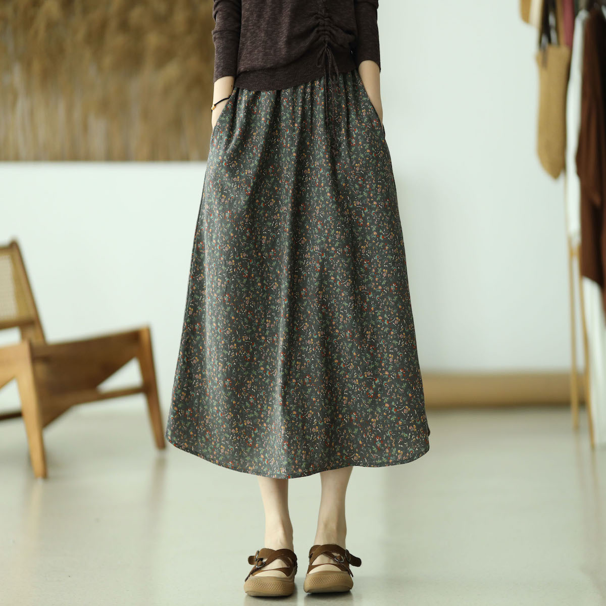 秋款棉麻半身裙21新款a字复古碎花半身裙中长款女宽松-阿里巴巴