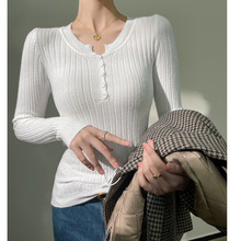 秋冬季螺纹坑条纽扣圆领针织衫女内搭长袖打底衫外穿修身上衣t恤